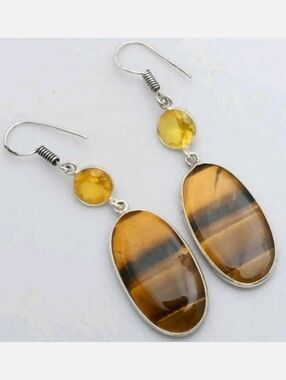Tiger's Eye, Citrine Gemstone 925 Sterling Silver Handmade Drop Dangle Earrings